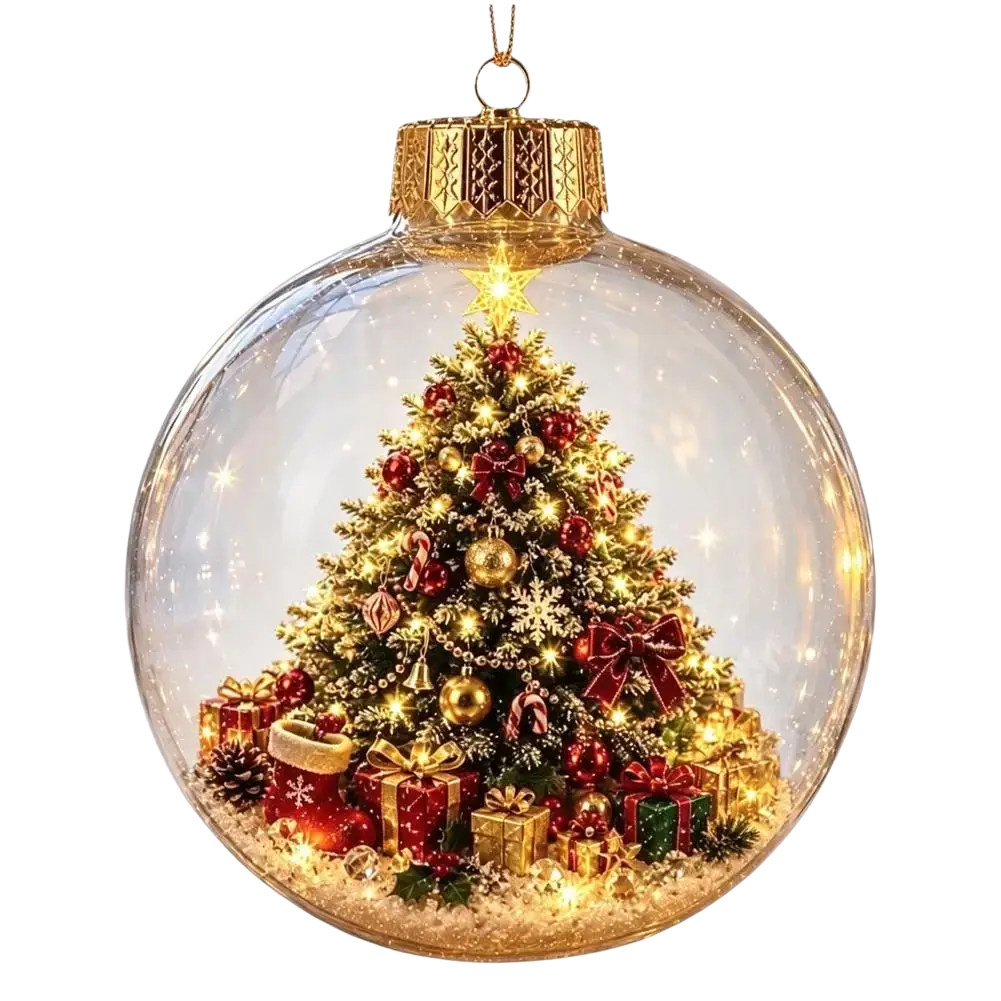 A clear glass glowing Christmas globe ornament with a miniature illuminated tree and festive red and gold decor