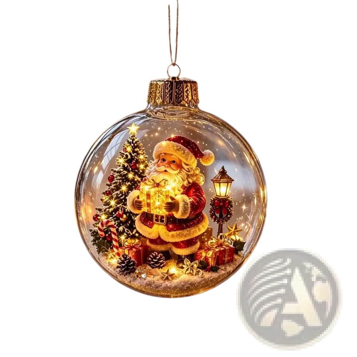 A clear glass glowing christmas globe ornament featuring santa claus with gift and festive miniature trees and lights