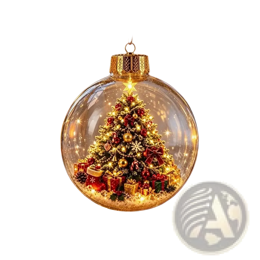 A clear glass glowing christmas globe ornament with a gold top containing a miniature tree and red and gold presents
