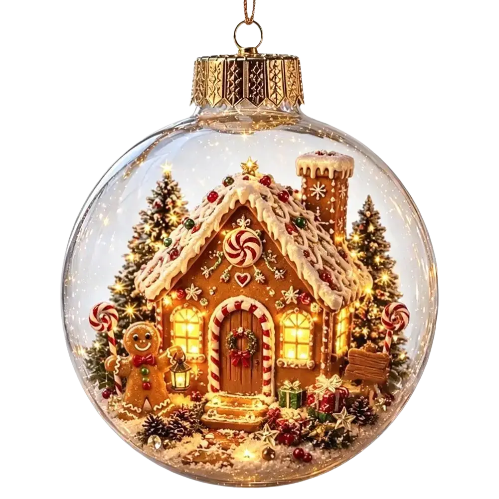 A glowing christmas globe ornament featuring a festive gingerbread house with warm lights and candy cane accents