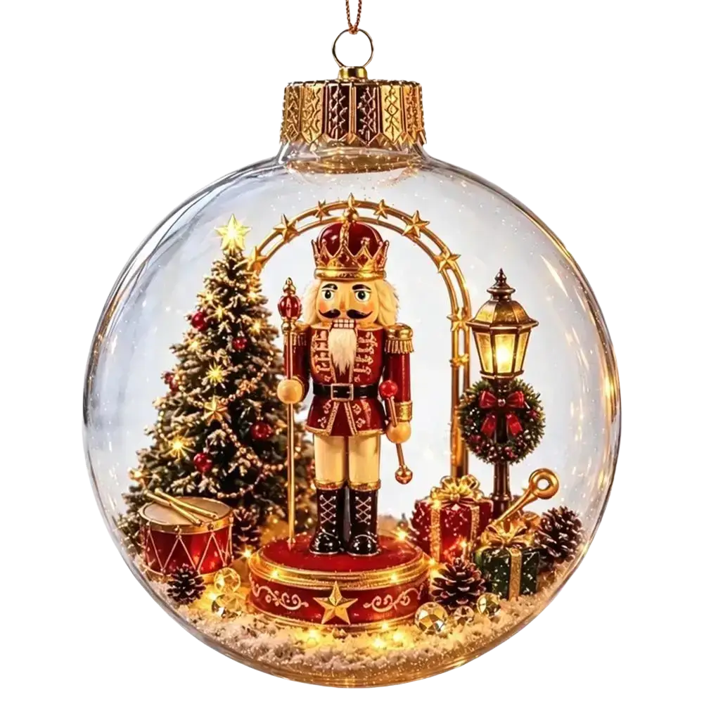 A glowing christmas globe ornament featuring a transparent glass globe with a red and gold nutcracker and holiday decor