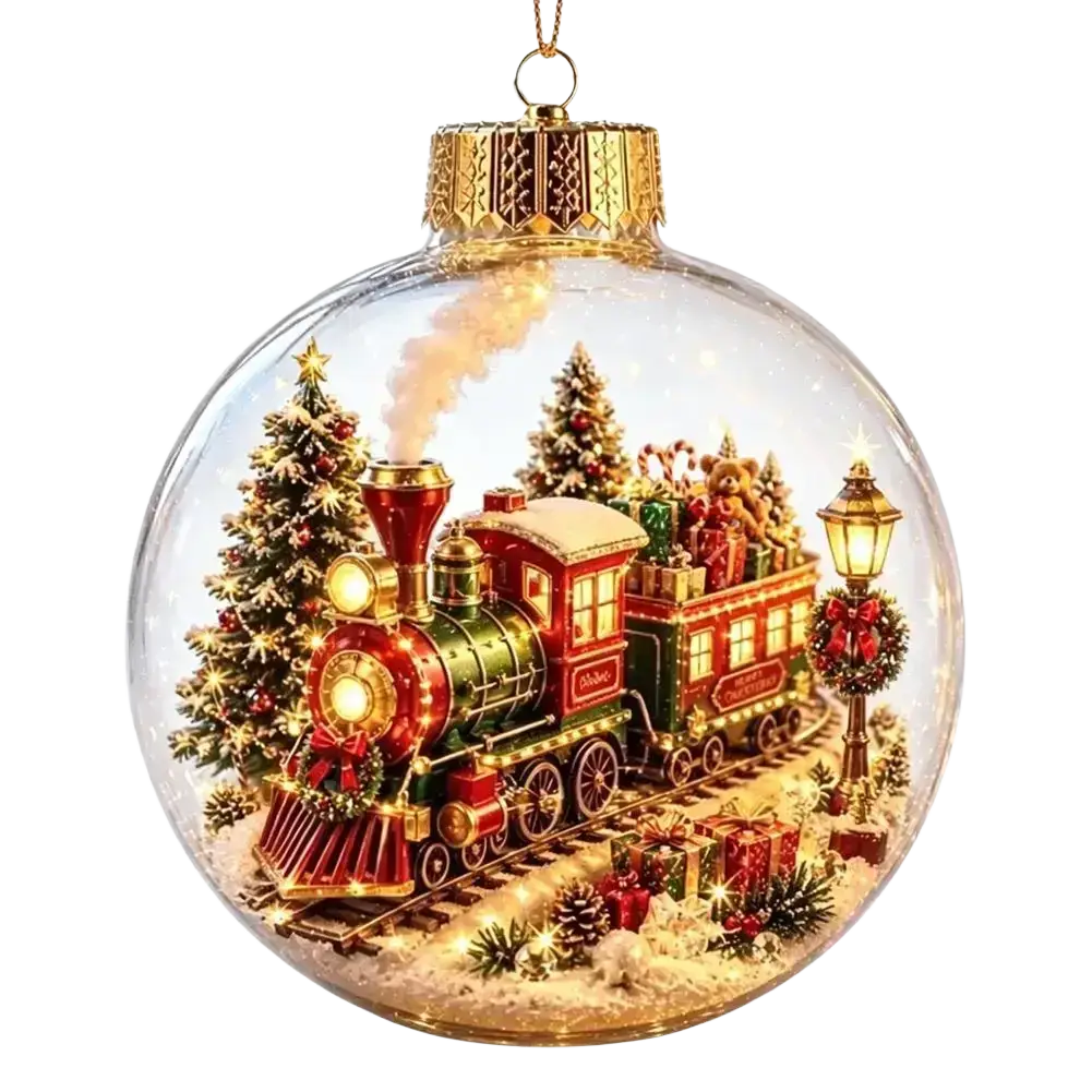 A festive red and green miniature train with gold accents inside a shatterproof glowing christmas globe ornament with snow