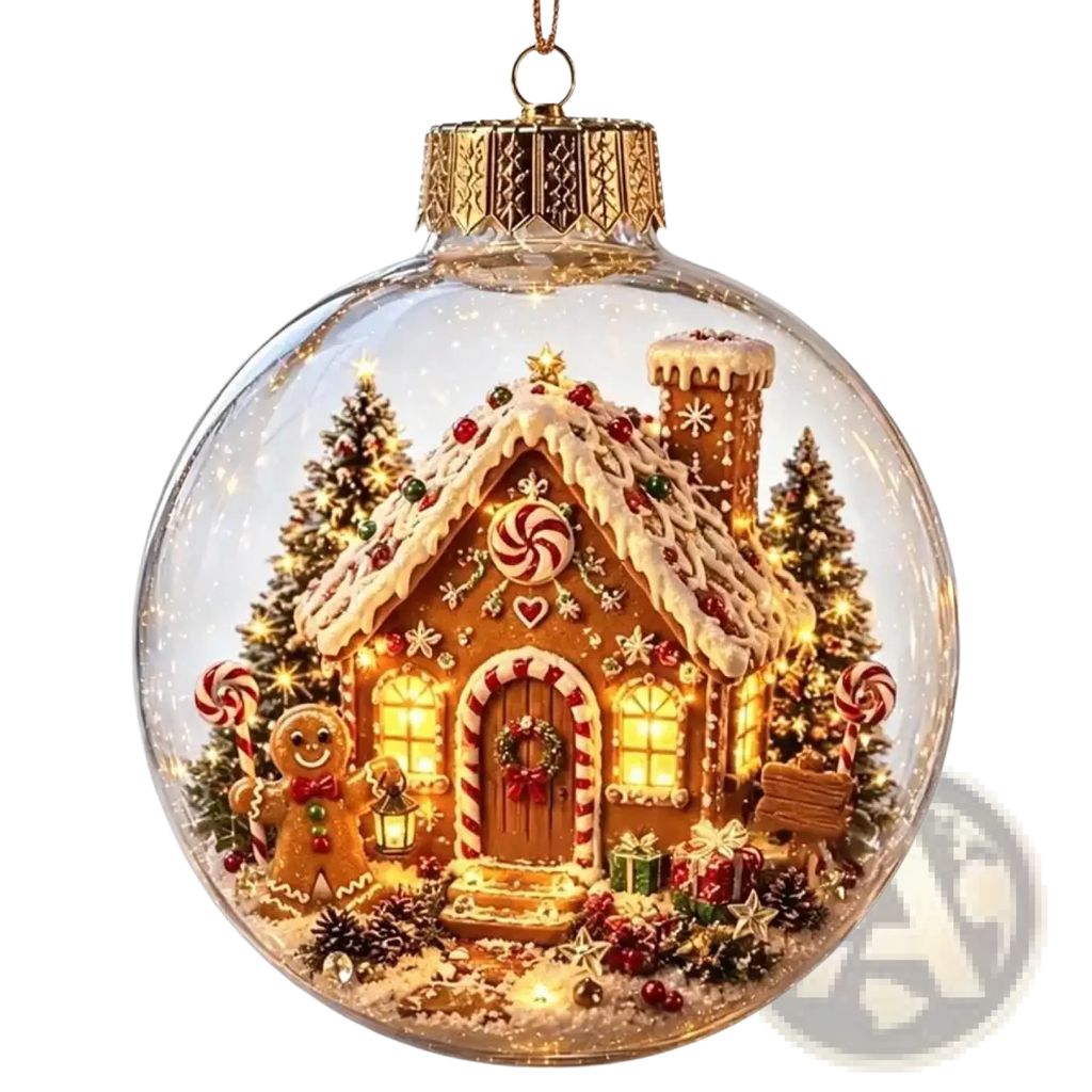A glowing christmas globe ornament featuring a festive gingerbread house with warm lights and candy cane accents