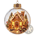 A glowing christmas globe ornament featuring a festive gingerbread house with warm lights and candy cane accents