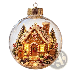 A glowing christmas globe ornament featuring a festive gingerbread house with warm lights and candy cane accents