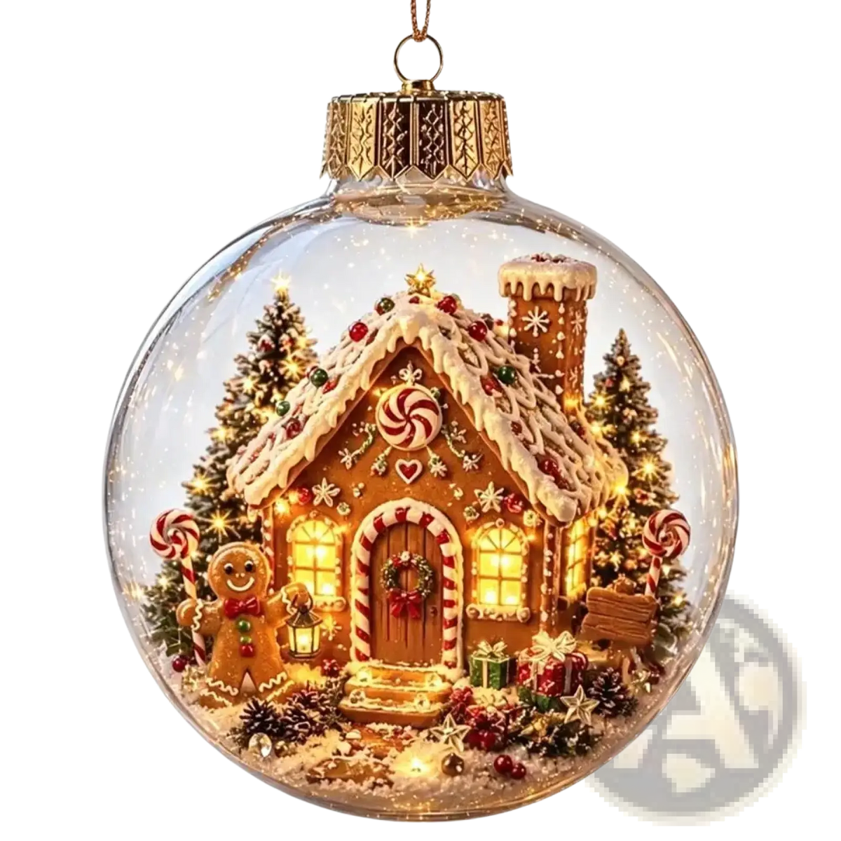 A glowing christmas globe ornament featuring a festive gingerbread house with warm lights and candy cane accents
