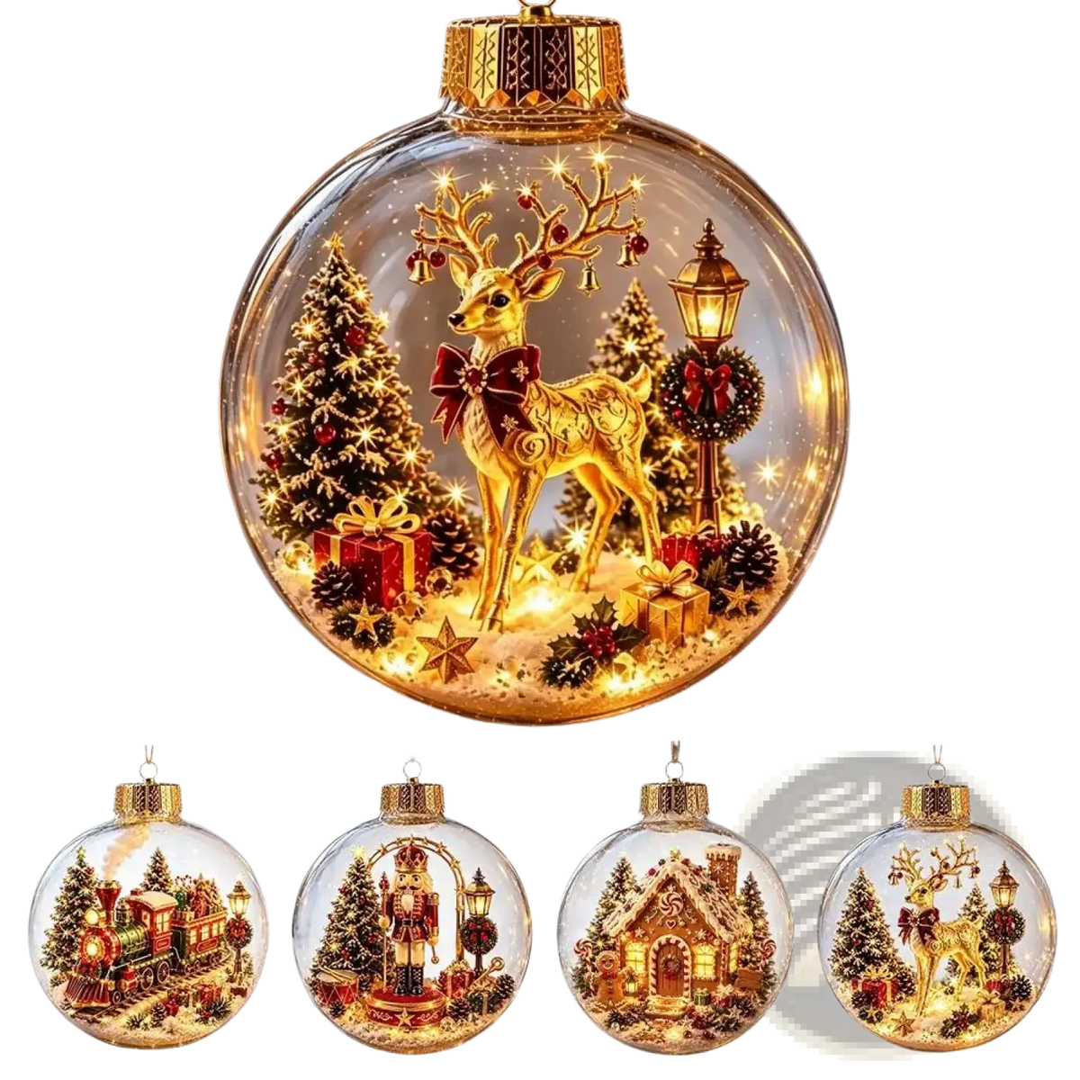 Golden reindeer glowing Christmas globe ornament with intricate red bow and festive winter scene inside glass sphere