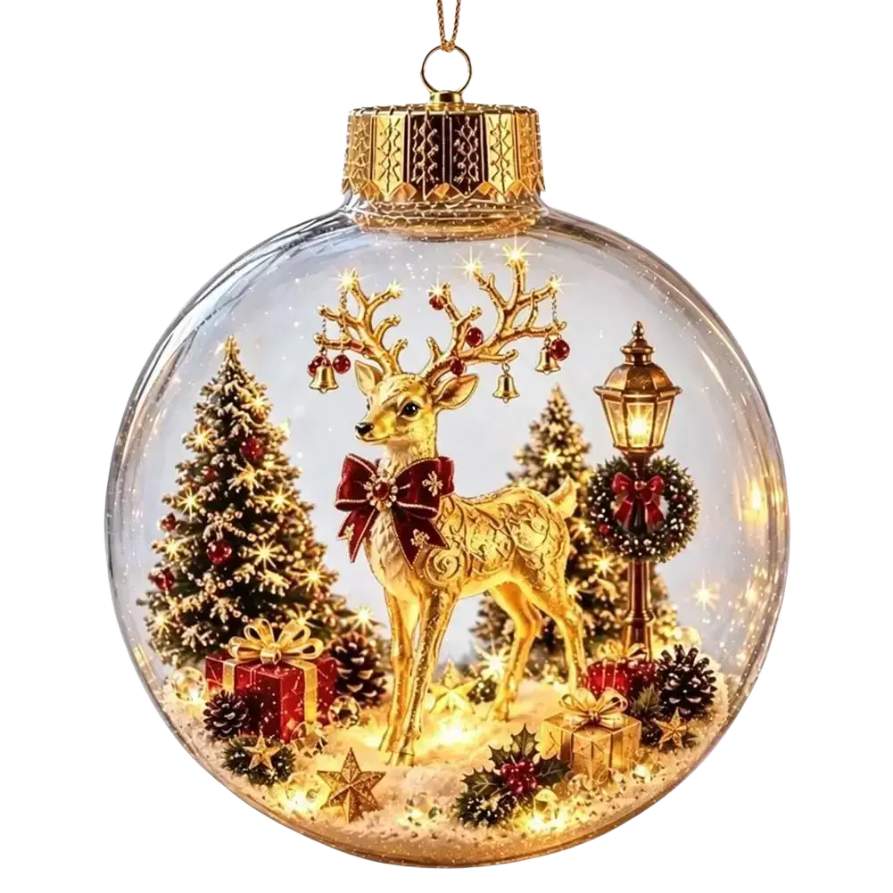 Glowing christmas globe ornament featuring a golden deer with intricate antlers and a red bow inside a clear globe filled with holiday decor