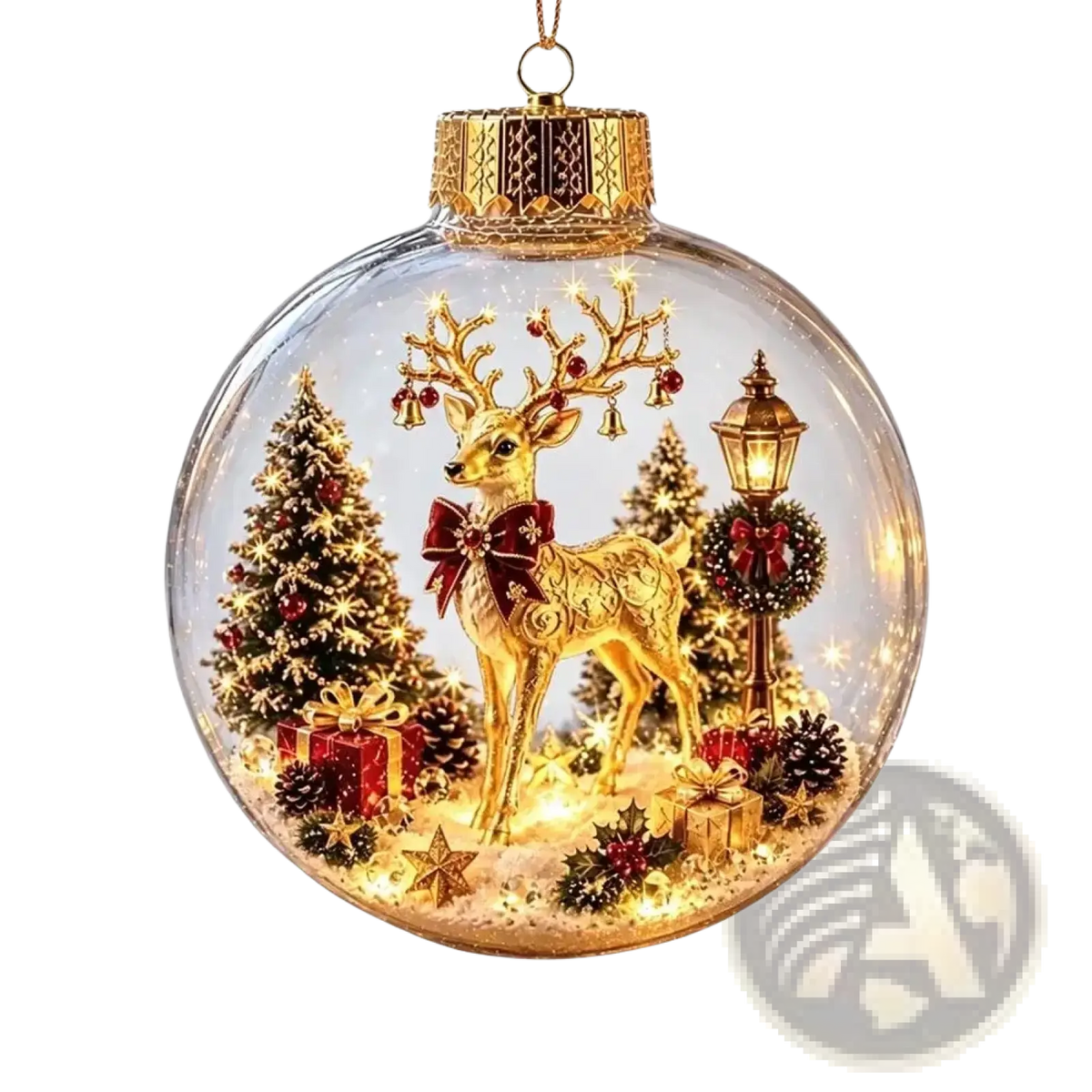 Glowing Christmas globe ornament with a golden deer figurine, intricate antlers, red bow, and festive miniature inside