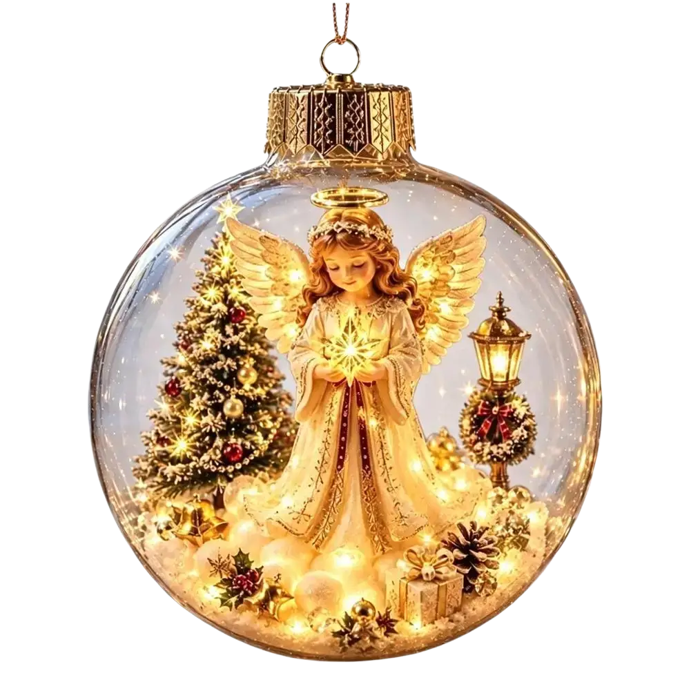 A glowing golden angel figurine with detailed wings and halo inside a clear shatterproof christmas globe ornament
