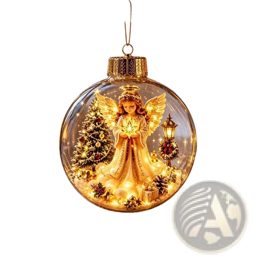 A golden angel figurine with detailed wings and a halo inside a clear shatterproof glass globe ornament for christmas decor