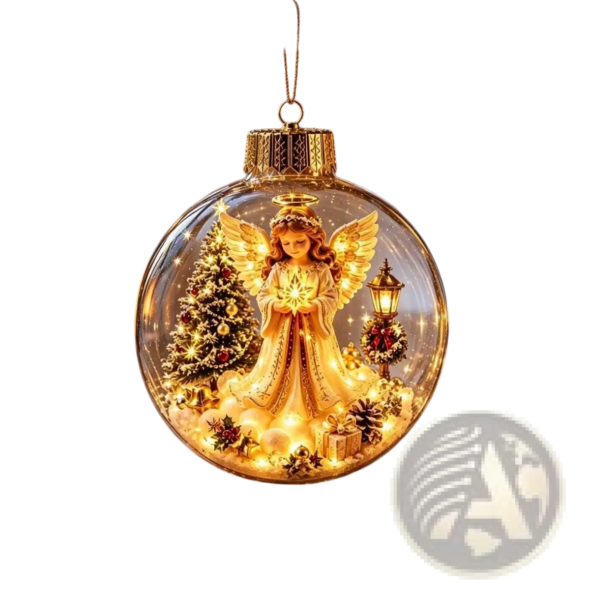 A golden angel figurine with detailed wings and a halo inside a clear shatterproof glass globe ornament for christmas decor