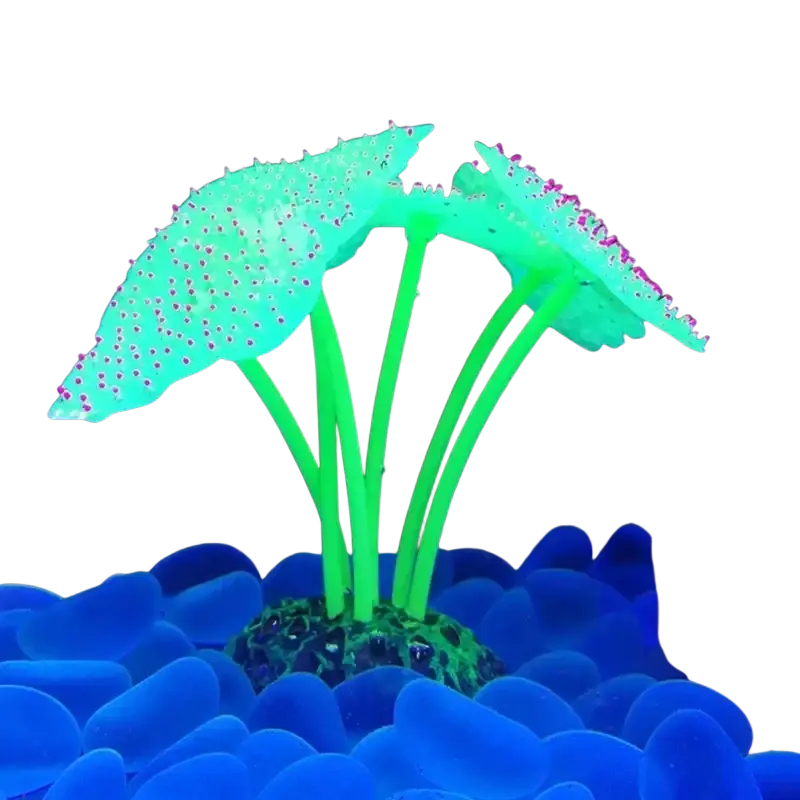 Glowing green fish tank artificial plant with pink speckles serrated edges made of high quality silicone decor