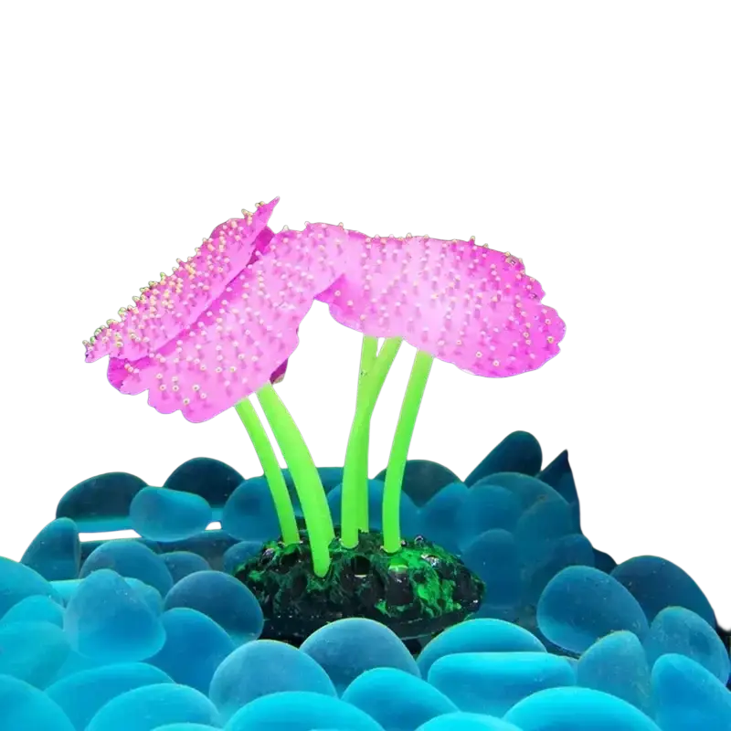High quality glowing fish tank artificial plant with pink spiky silicone coral and green stems on dark base