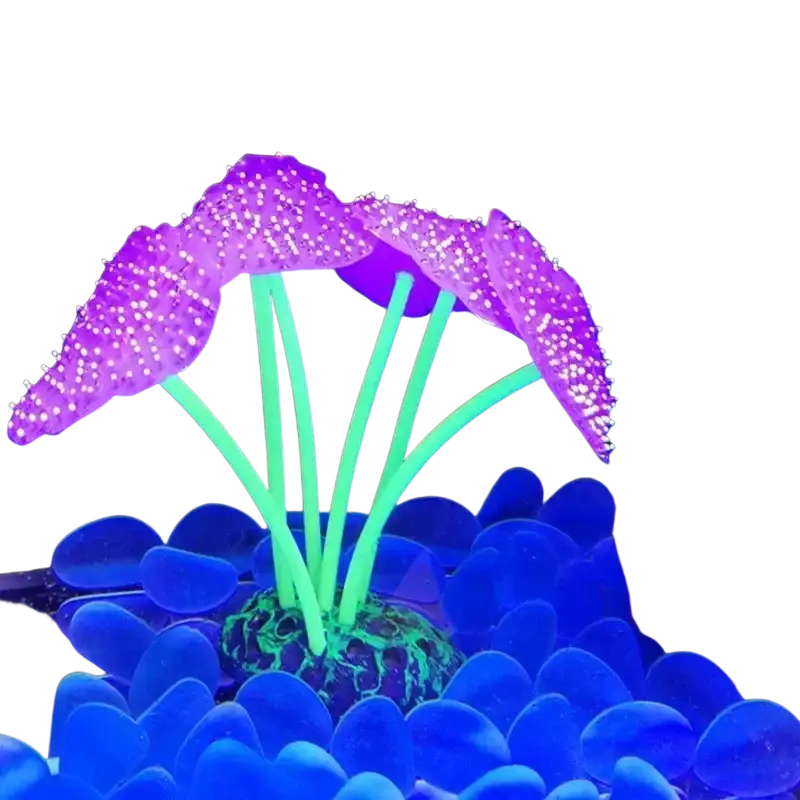 Purple and green glowing high quality silicone fish tank artificial plant with sparkling white dots on fronds