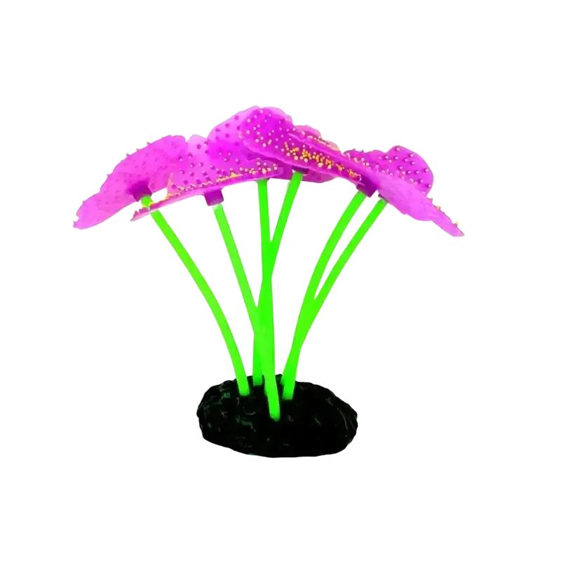 Vibrant purple high quality silicone artificial orchid fish tank plant with green stems and black base for decor
