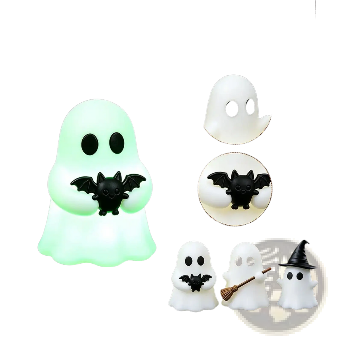 A glowing green ghost-shaped nightlight with a black bat on its shoulder designed as Halloween desktop decor