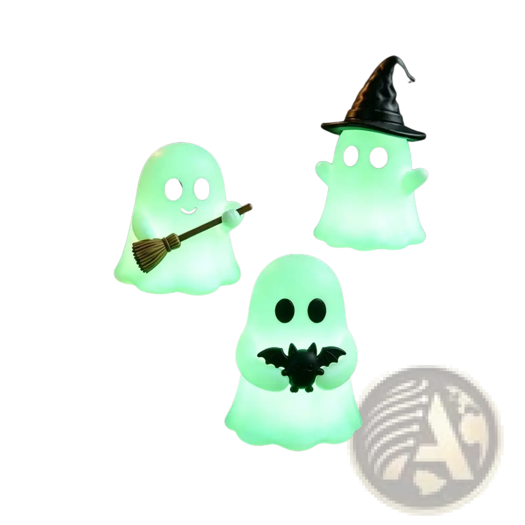 Glowing Halloween ghost desktop decor figurine set of three green translucent ghosts with black eyes and festive accessories