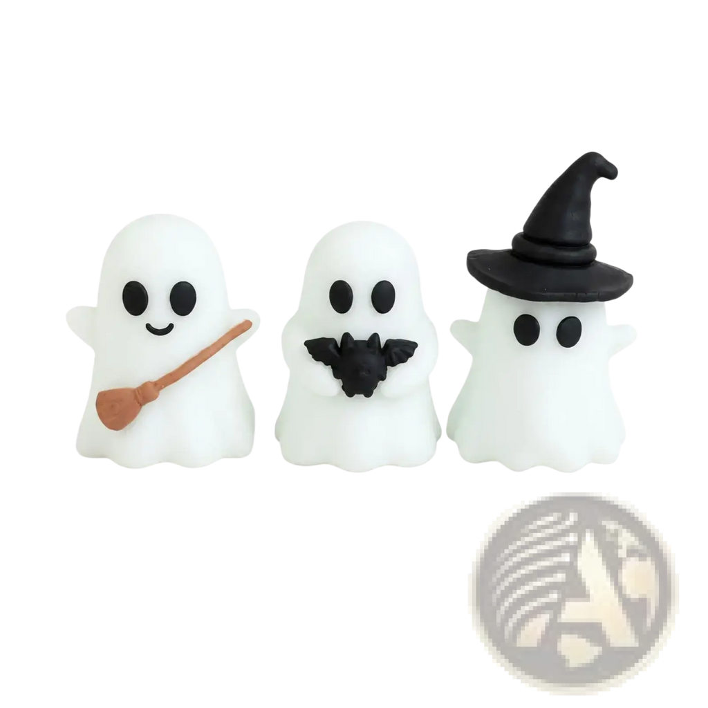 Glowing halloween ghost desktop decor figurine set of three white smiling ghosts with black eyes holding broomstick bat and witch hat