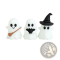 Glowing halloween ghost desktop decor figurine set of three white smiling ghosts with black eyes holding broomstick bat and witch hat