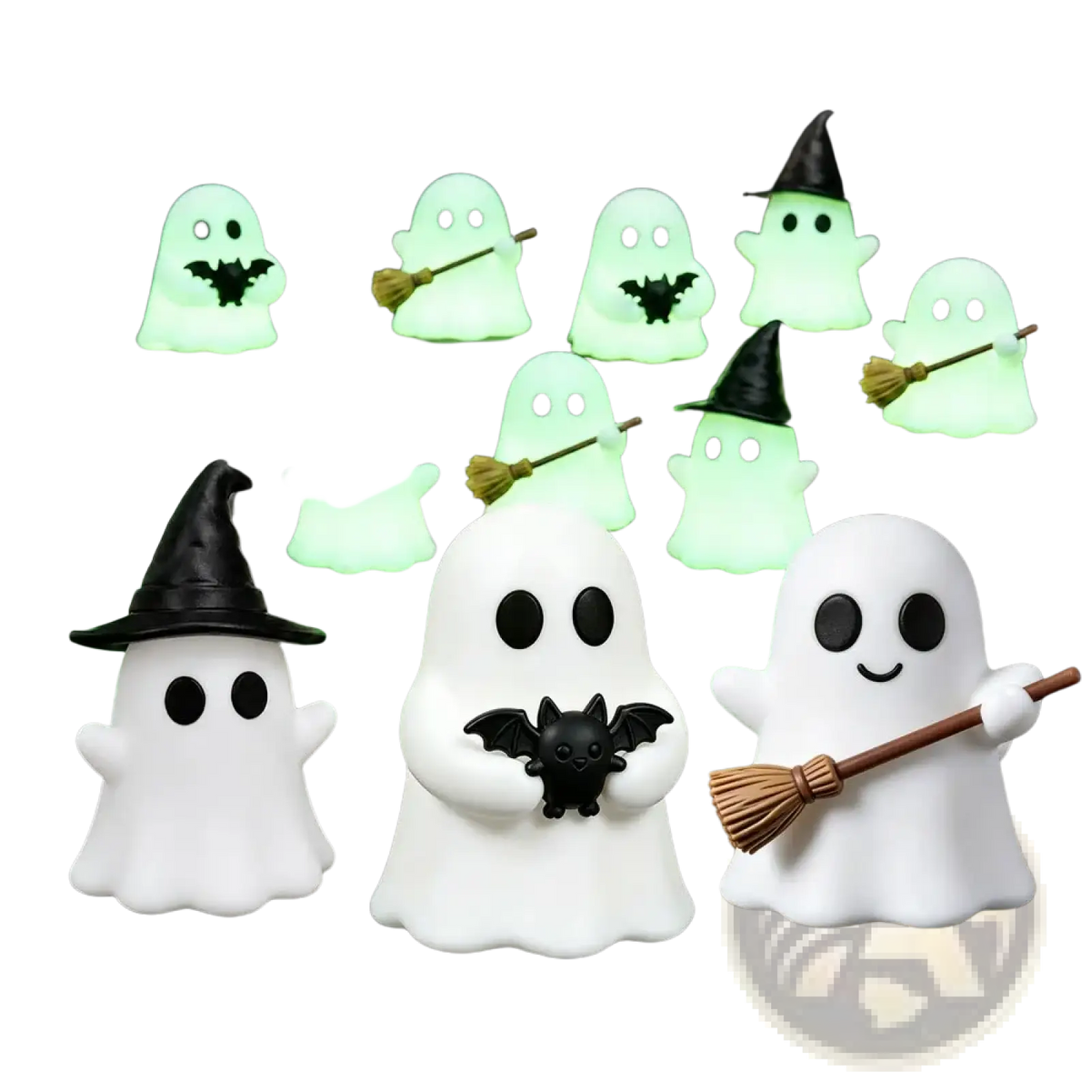 Glowing halloween ghost desktop decor figurine in white with a black witch hat and bat accessory