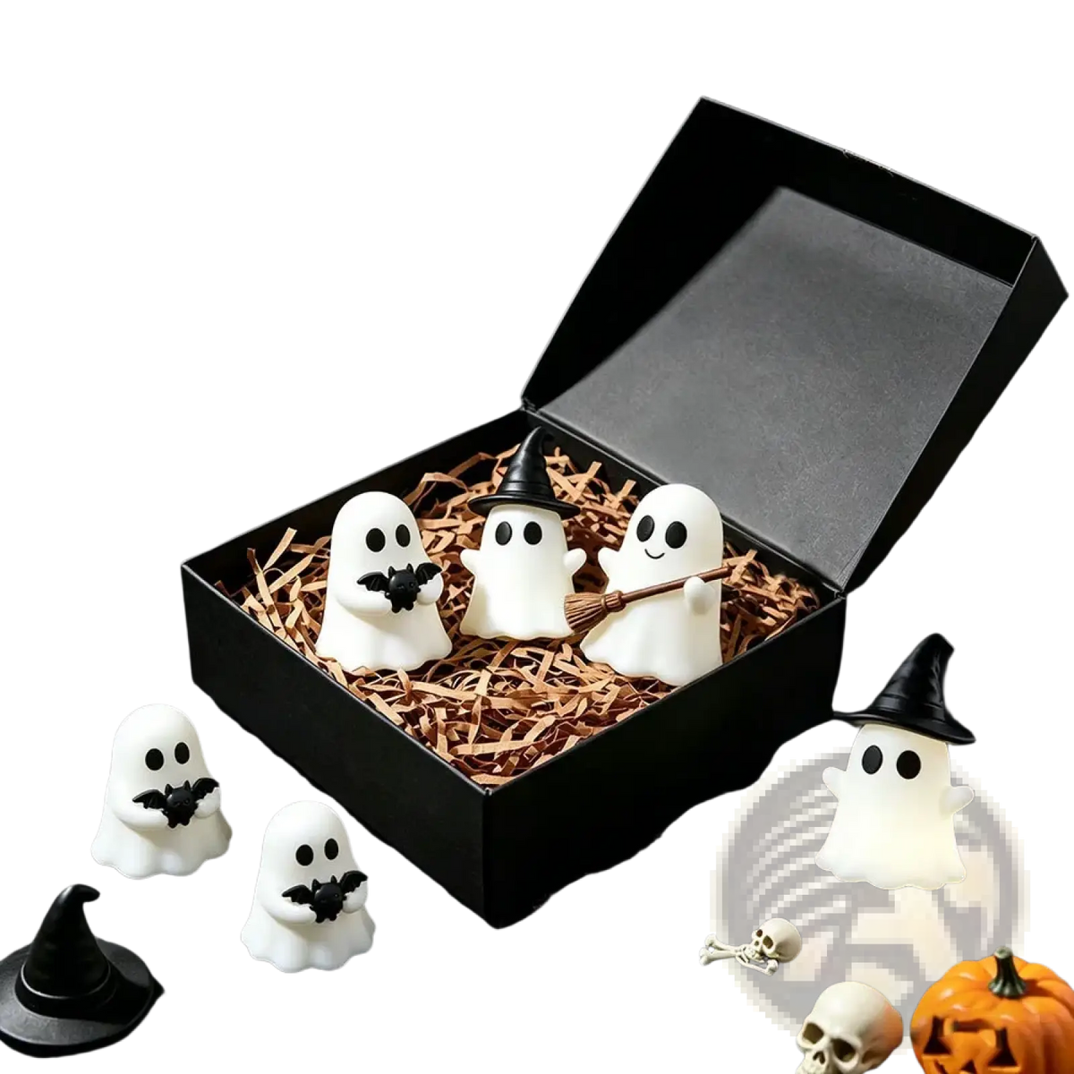 Glowing halloween ghost desktop decor figurines in white with black witch hats and bat accessories in black gift box