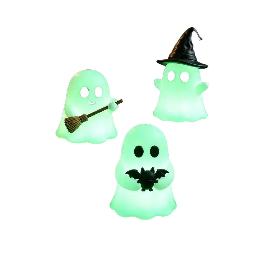 Glowing Halloween ghost desktop decor figurine set of three green translucent ghosts with black eyes and festive accessories