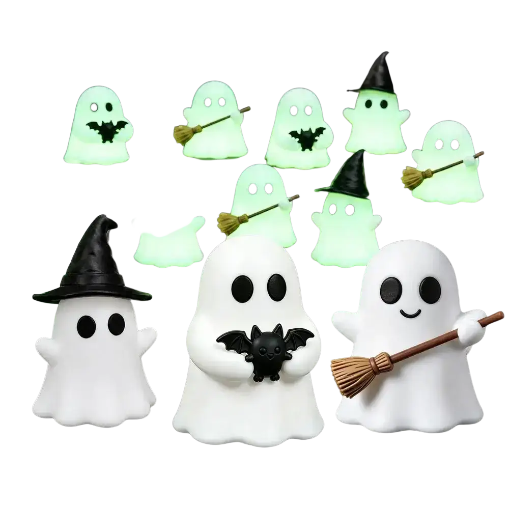 White glowing halloween ghost desktop decor figurines with black eyes holding brooms or bats and wearing witch hats