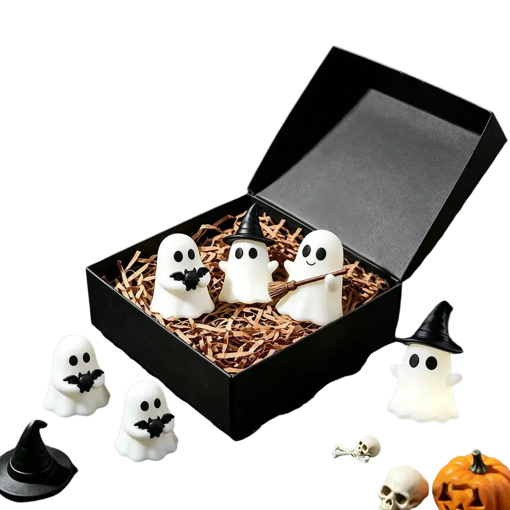 Glowing halloween ghost desktop decor figurines in white with black witch hats and bat accessories in black gift box
