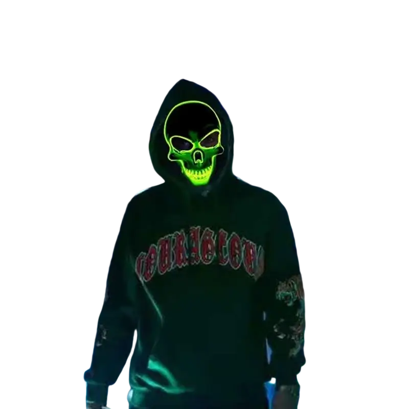 Black hoodie with glowing mask featuring a cold light green skull and red lettering with controller package for halloween