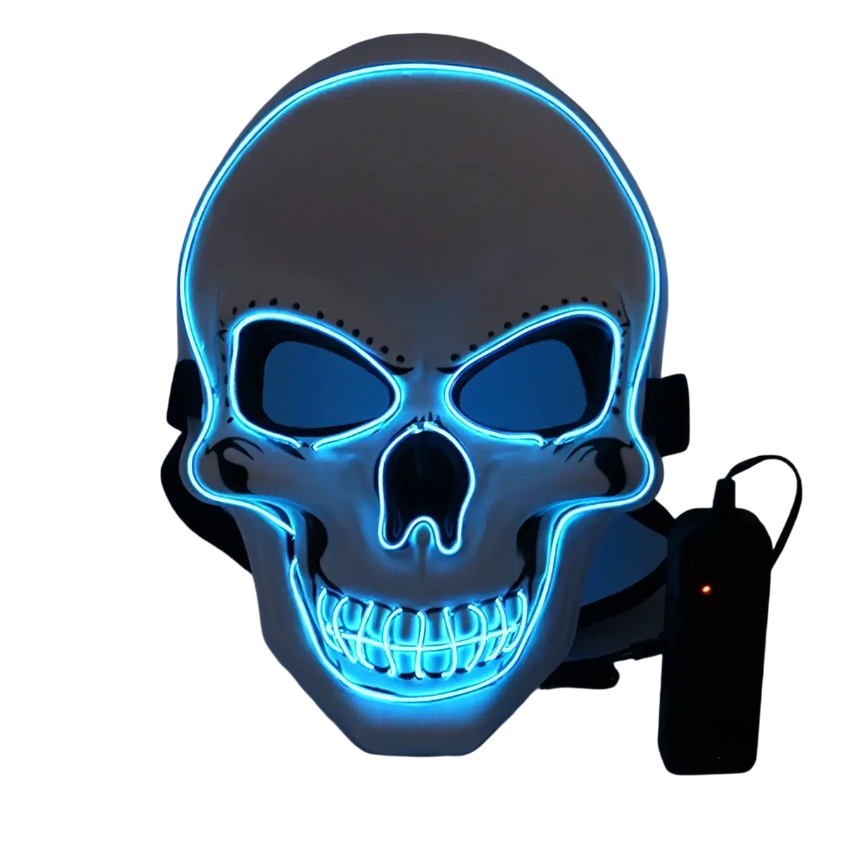 Glowing mask led halloween skull costume with cold light blue led, white plastic frame, black cutouts, and adjustable straps controller package