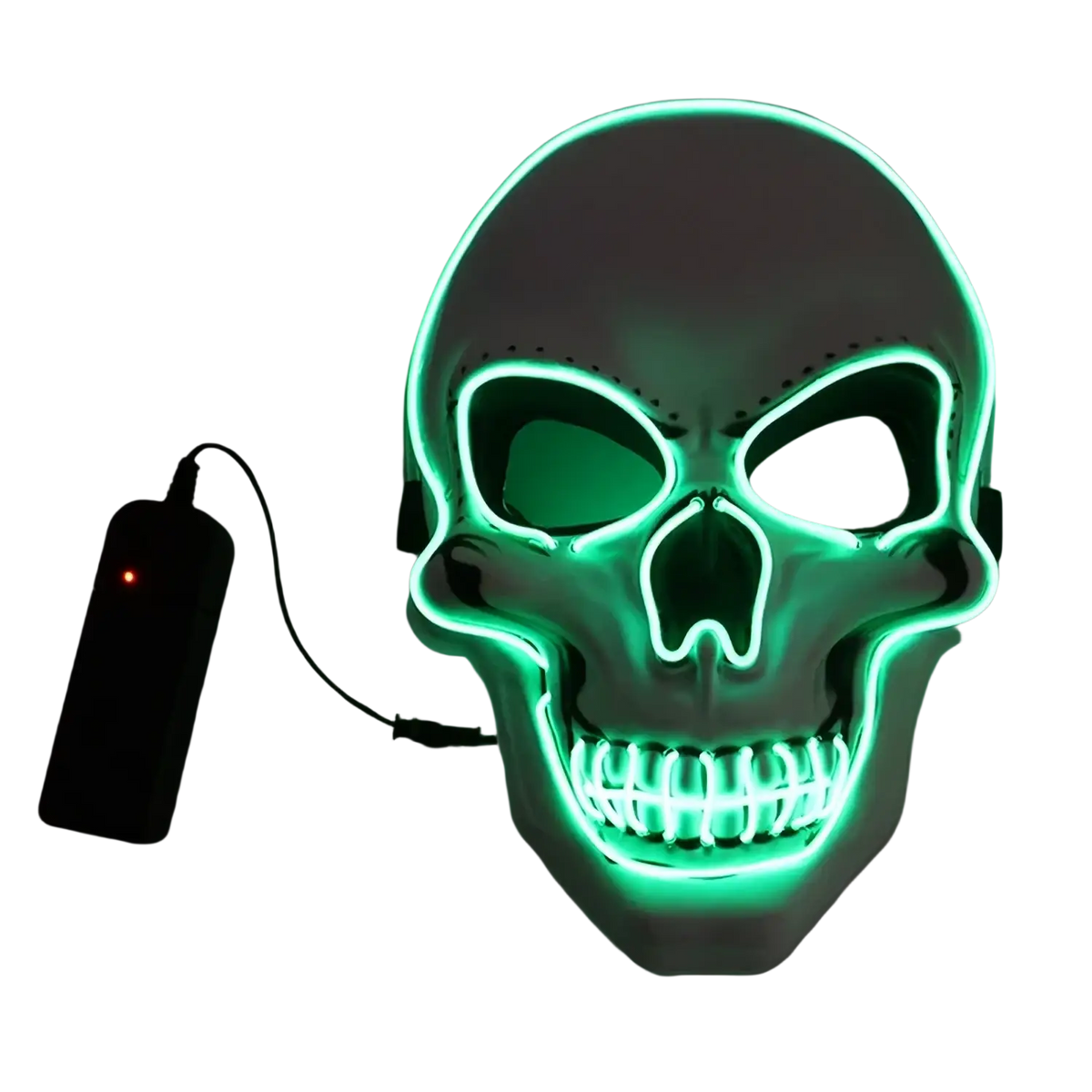A glowing mask led halloween skull costume with green cold light neon lines and a white plastic frame with controller package