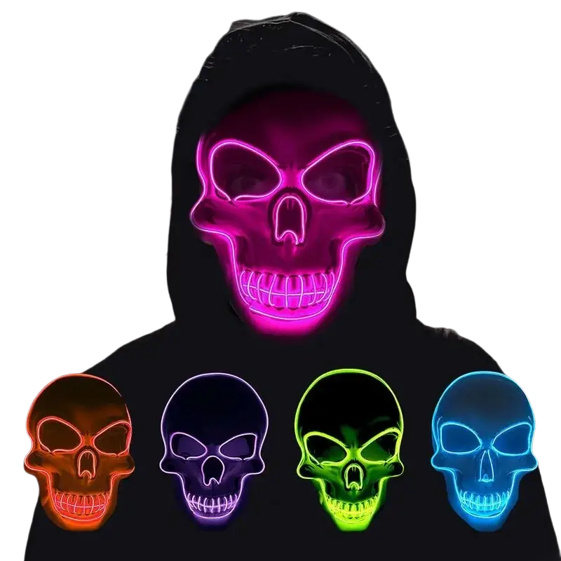 A glowing mask led halloween skull costume with vibrant pink cold light and detailed teeth design includes controller package