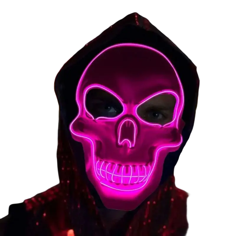 A glowing mask led halloween skull costume with a glowing pink led skull and cold light controller package hood