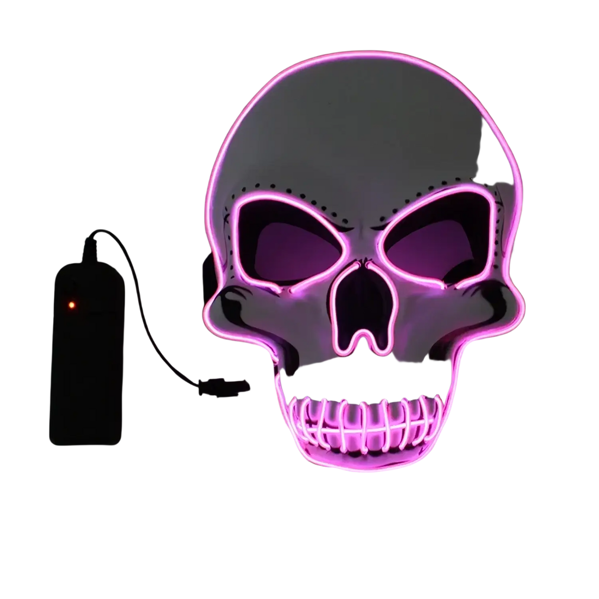 A glowing pink led skull mask with cold light effect white plastic frame black eye sockets and controller package features