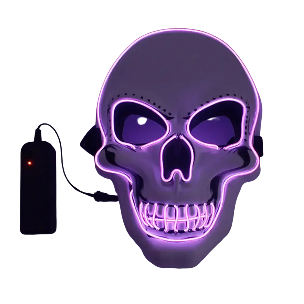Purple led cold light glowing mask skull costume with glowing edges and controller package battery pack attached