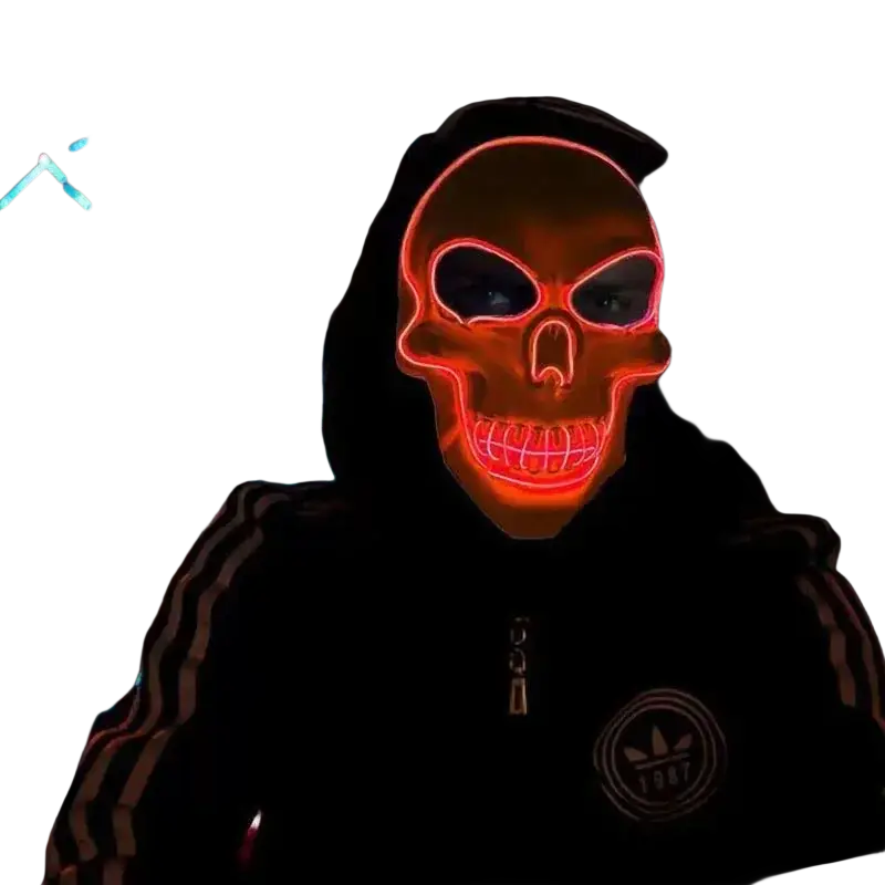 A glowing red led skull mask with black eye sockets and a smiling mouth worn over a dark hoodie featuring cold light and controller package