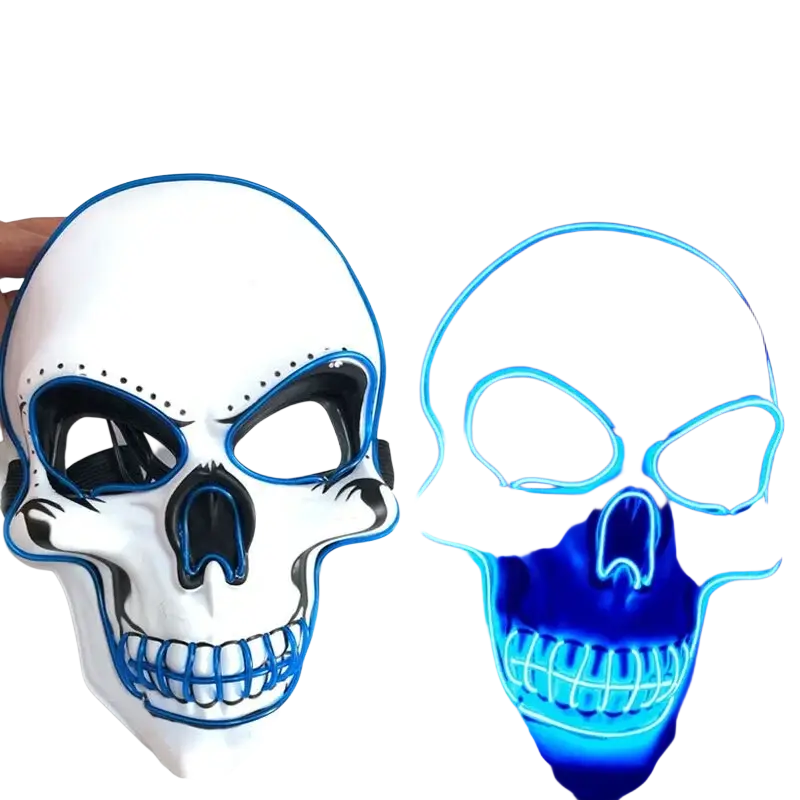 White skull-shaped led glowing mask with blue cold light outlining teeth and features includes controller package for halloween