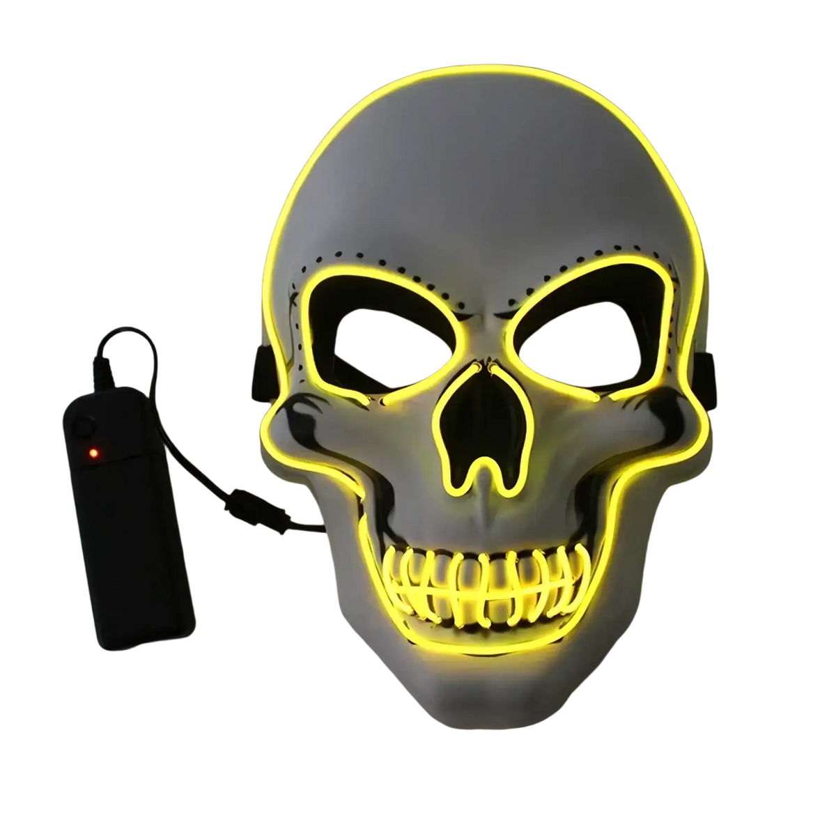 Glowing mask led halloween skull costume with a glowing cold light yellow led on white plastic base and black eye sockets