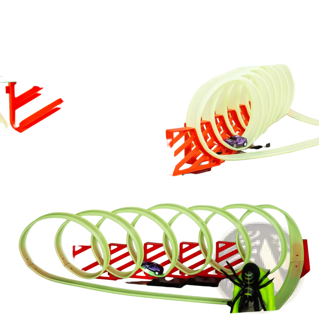 Purple pull-back toy car with silver wheels and super branding featured in glowing race track toy spider loop playset
