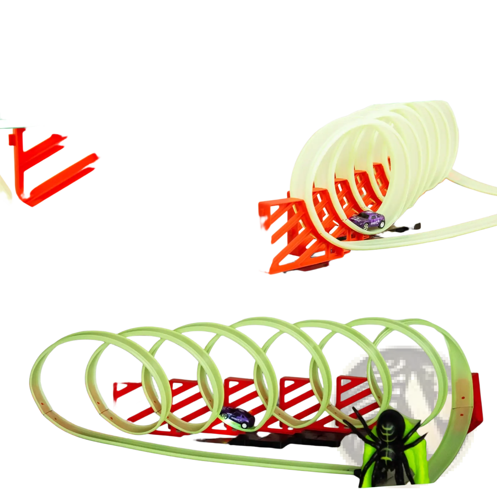 Purple pull-back toy car with silver wheels and super branding featured in glowing race track toy spider loop playset