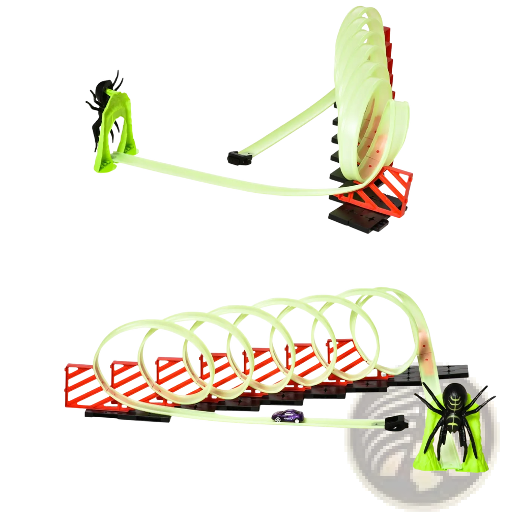 Glowing race track toy spider loop playset with neon green and red plastic parts, featuring a purple car and black spiders