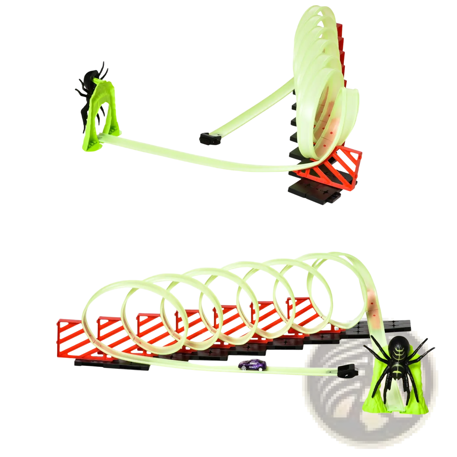 Glowing race track toy spider loop playset with neon green and red plastic parts, featuring a purple car and black spiders