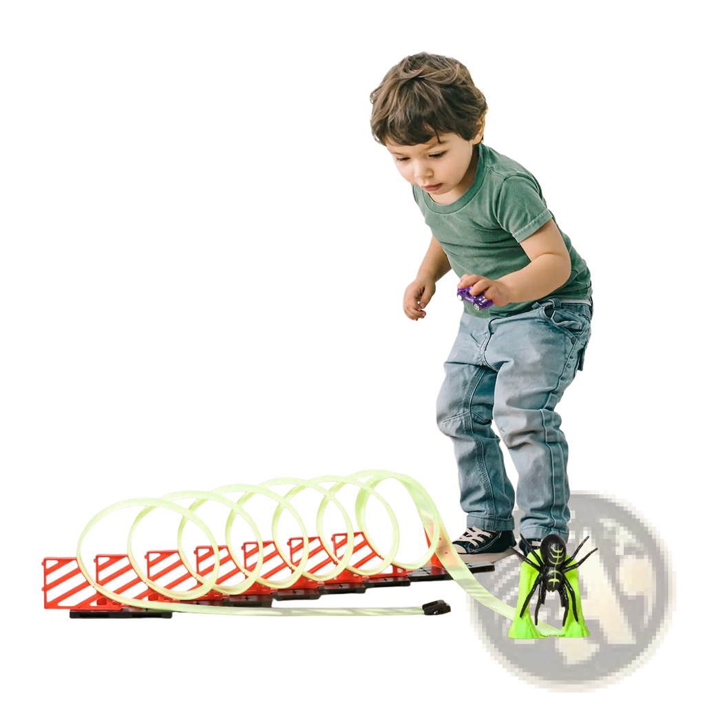 Glowing race track toy spider loop playset with neon green and orange plastic track and black spider figure at the end