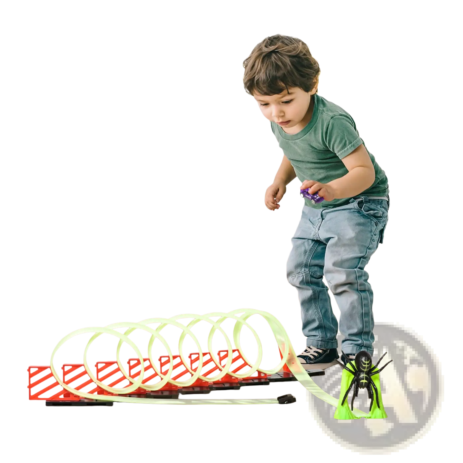 Glowing race track toy spider loop playset with neon green and orange plastic track and black spider figure at the end