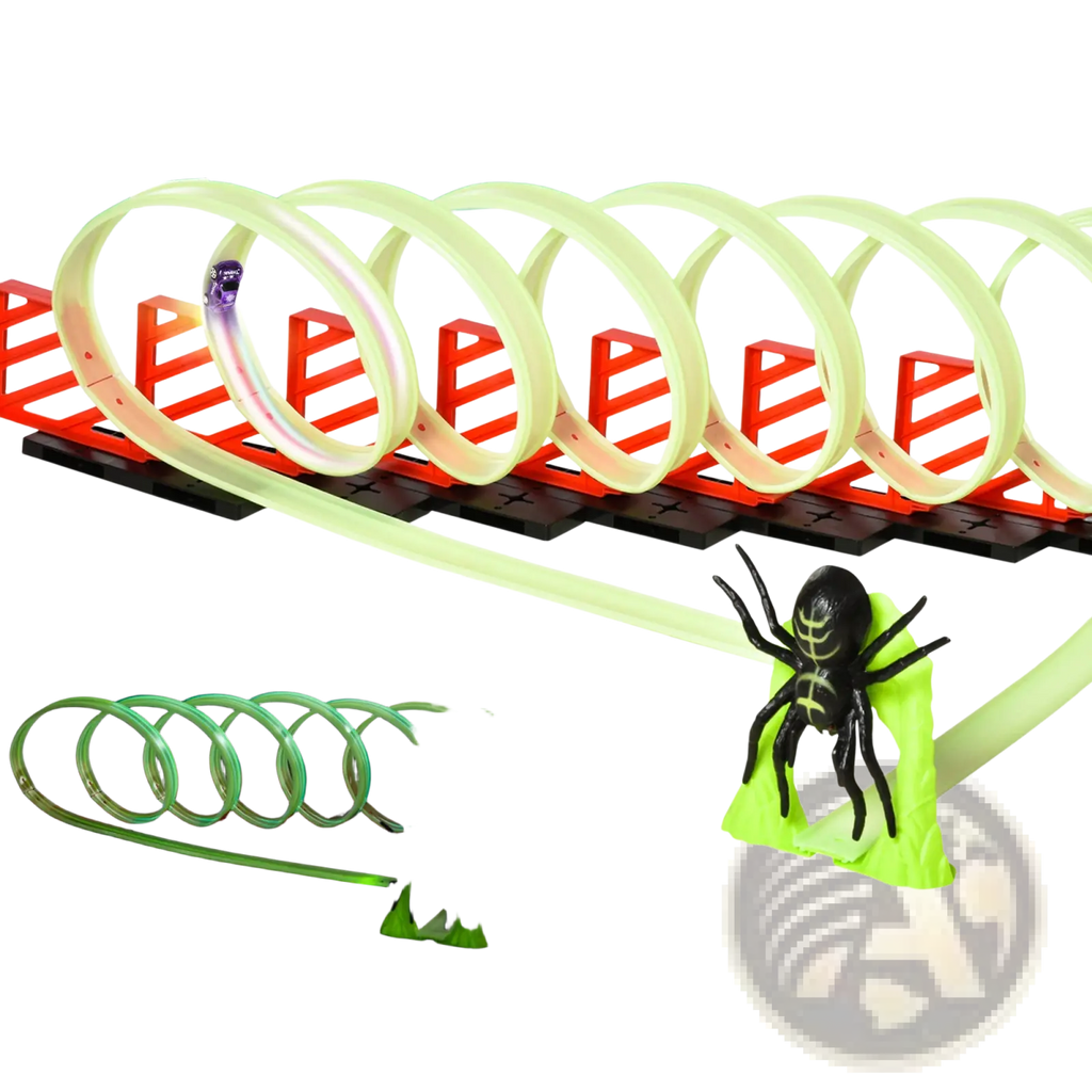 Glowing race track toy made of luminous green and red plastic with a black spider obstacle for car playsets