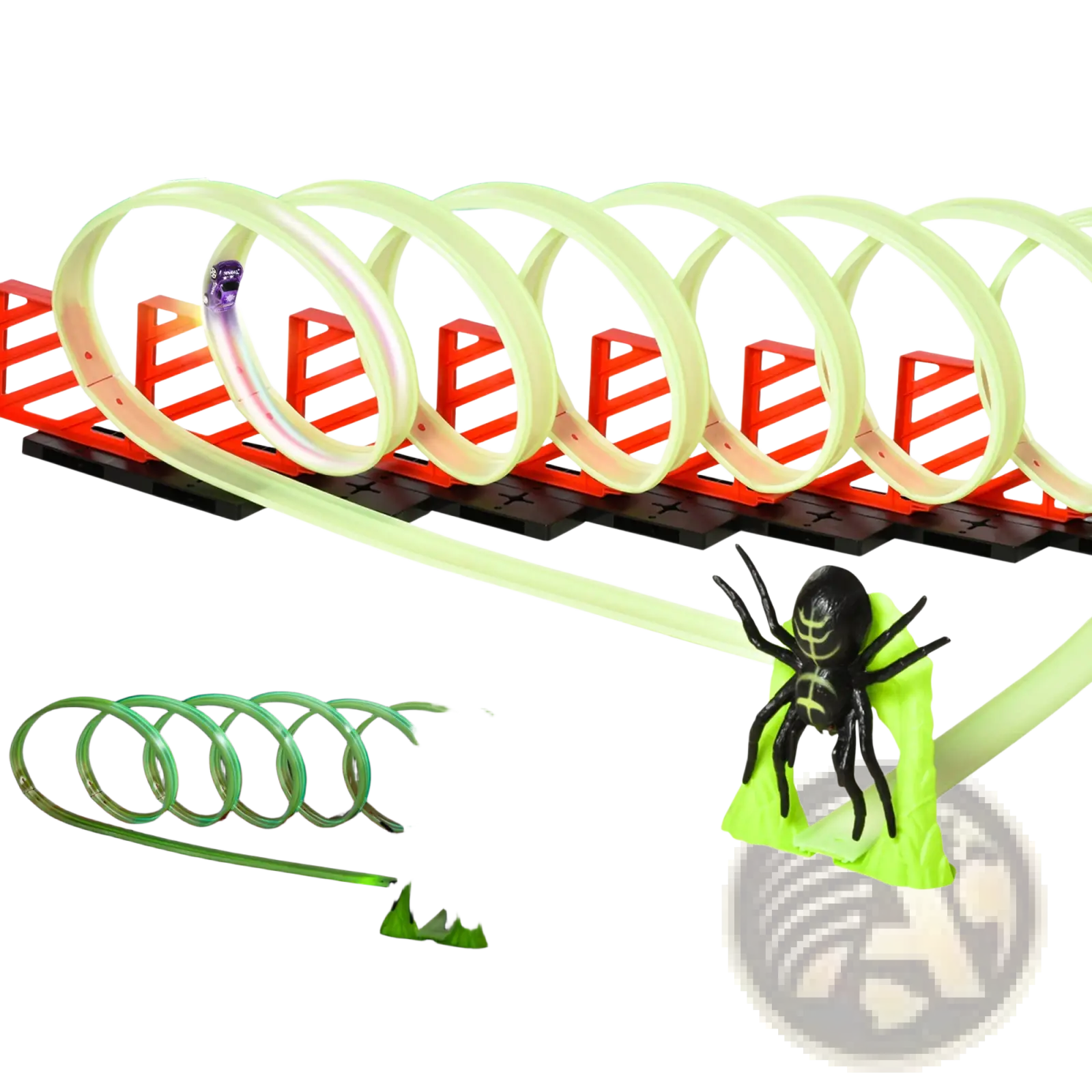 Glowing race track toy made of luminous green and red plastic with a black spider obstacle for car playsets