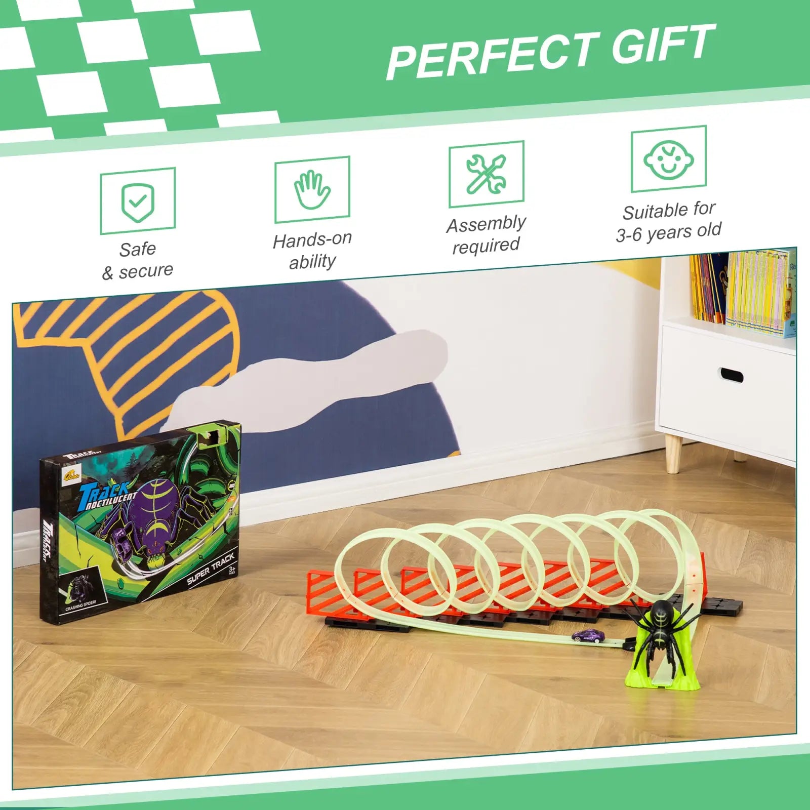 A vibrant green and black glowing race track toy with a white loop ramp, orange baseplate, and purple car for play