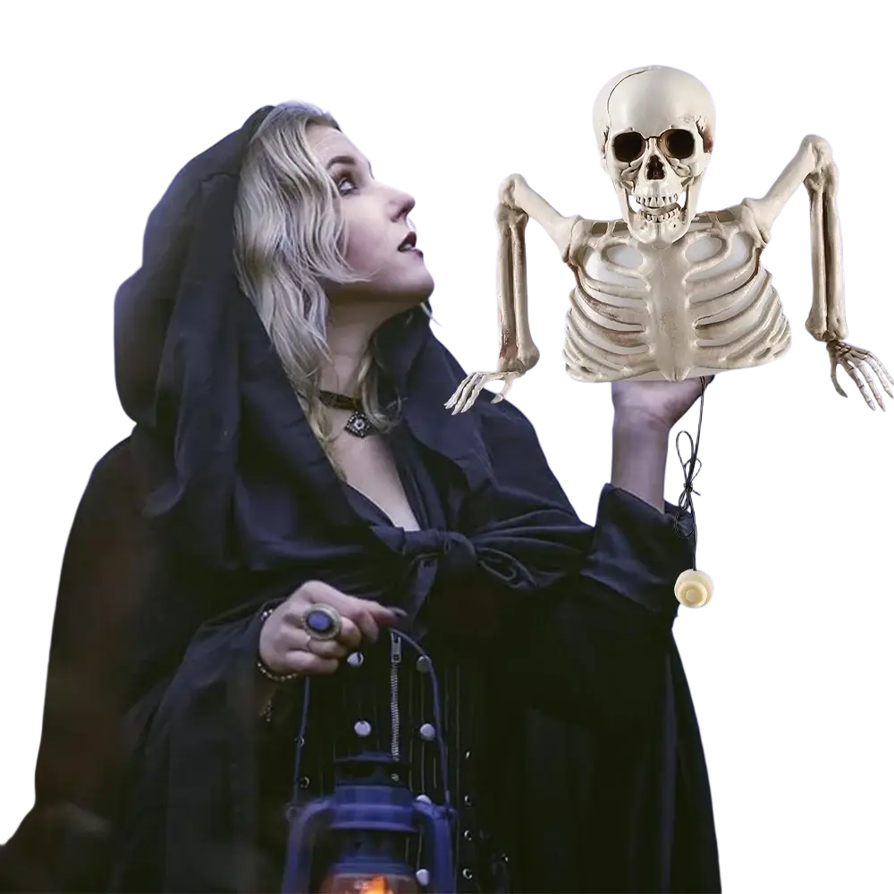 A beige plastic glowing skeleton with articulated arms and legs designed as a halloween decorative prop