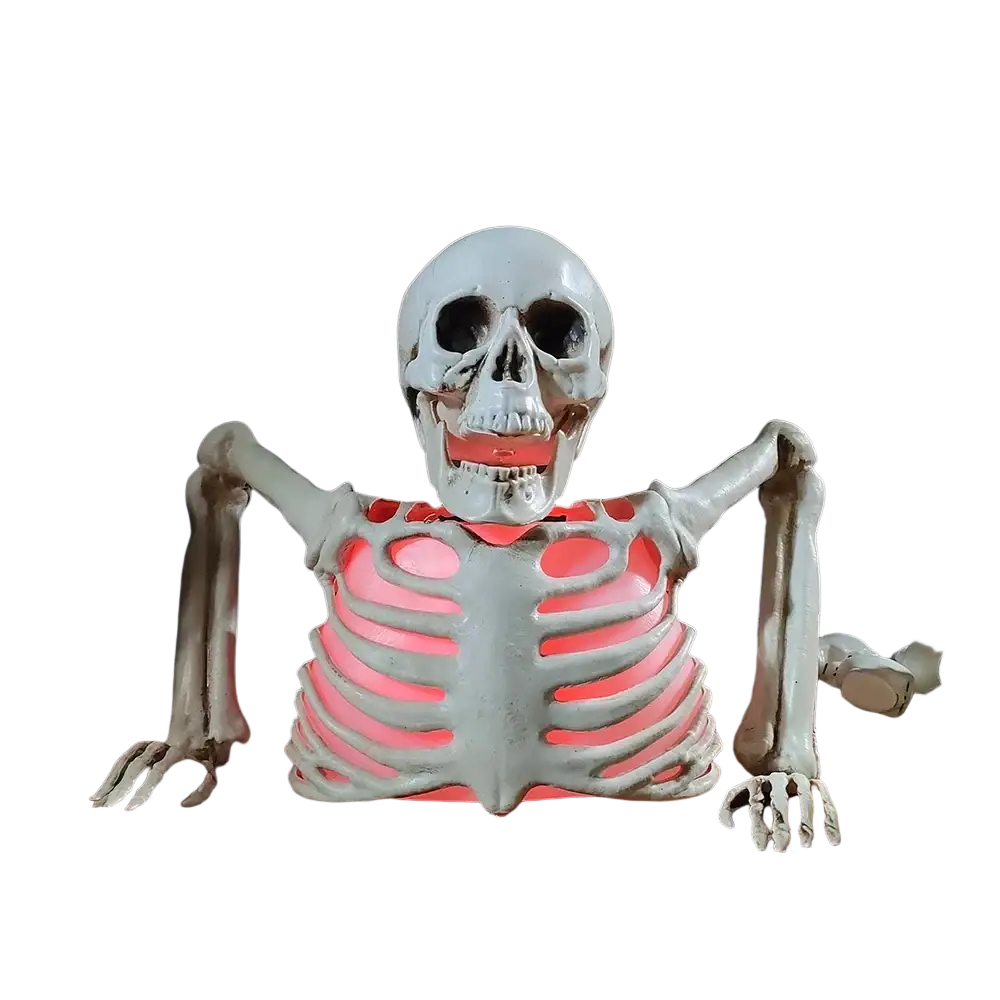 Glowing skeleton halloween prop with a white plastic finish and glowing pink led articulated torso for decoration